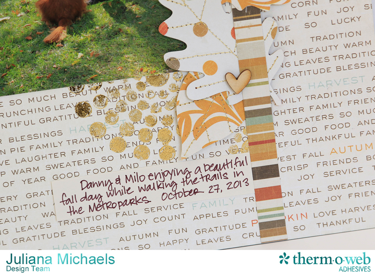 Thankful Fall Dog Scrapbook Page featuring Therm O Web Deco Foil and Adhesives by Julian Michaels