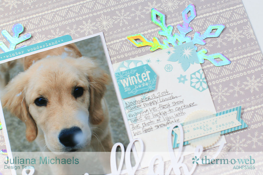 Snowflake Winter Puppy Scrapbook Page featuring Therm O Web Decofoil and Adhesives by Juliana Michaels 17turtles 03