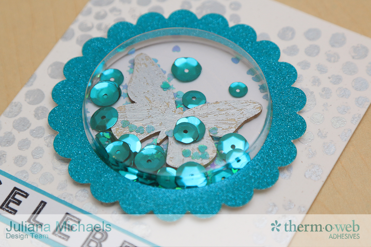 Celebrate Birthday Shaker Card by Juliana Michaels featuring Therm O Web Deco Foil and Glitter Dust Frames