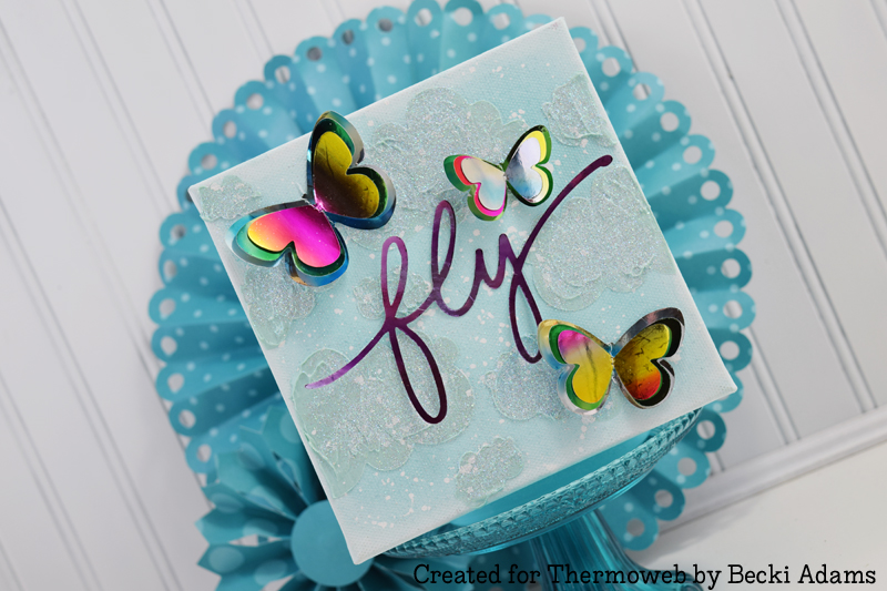 Butterfly mixed media canvas by Becki Adams for Thermoweb #decofoil #mixedmedia #thermoweb