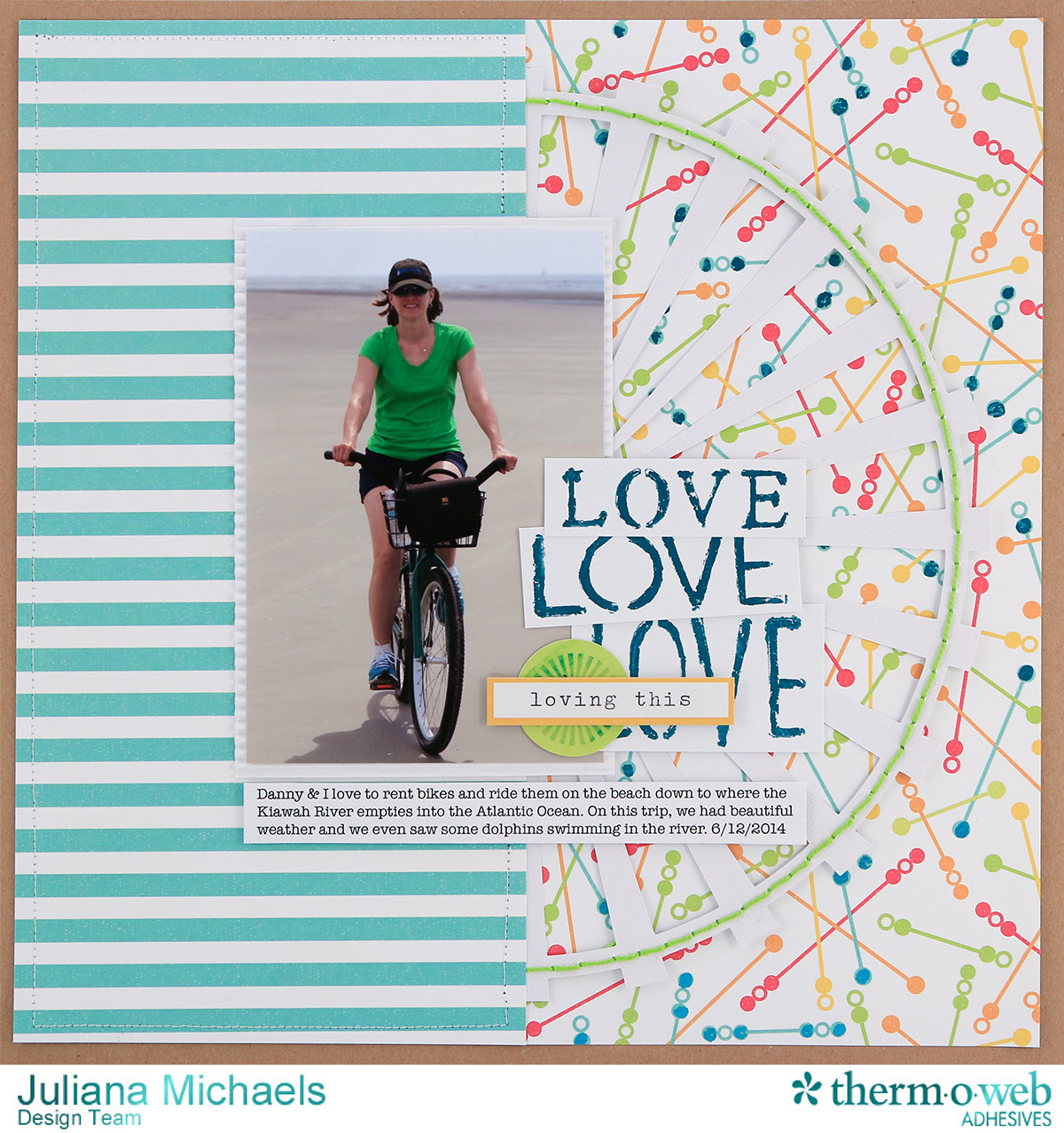Love Beach Summer Scrapbook Page by Juliana Michaels featuring Therm O Web DecoFoil, Liquid Adhesive and Designer Stencils