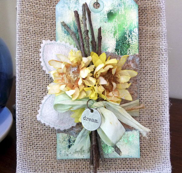 Mixed media floral tag by Audrey Pettit