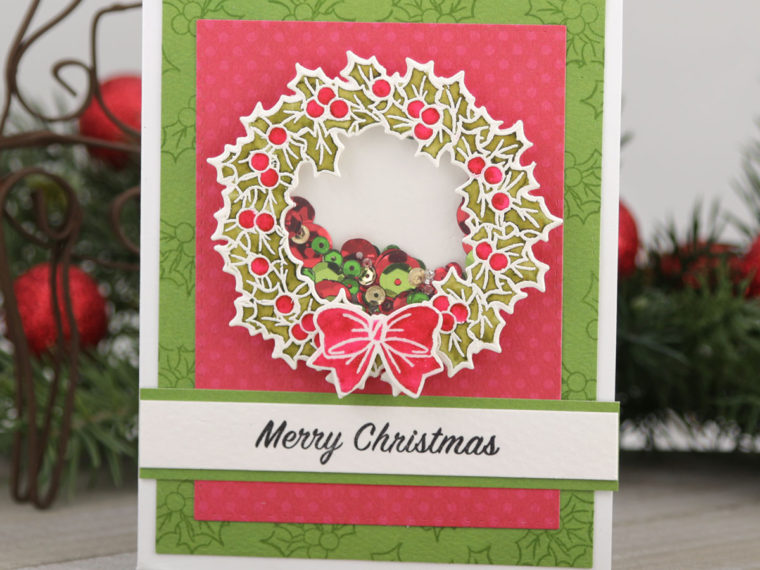 Wreath Christmas Shaker Card by Juliana Michaels featuring Therm O Web Adhesives and Art Impressions Stamps