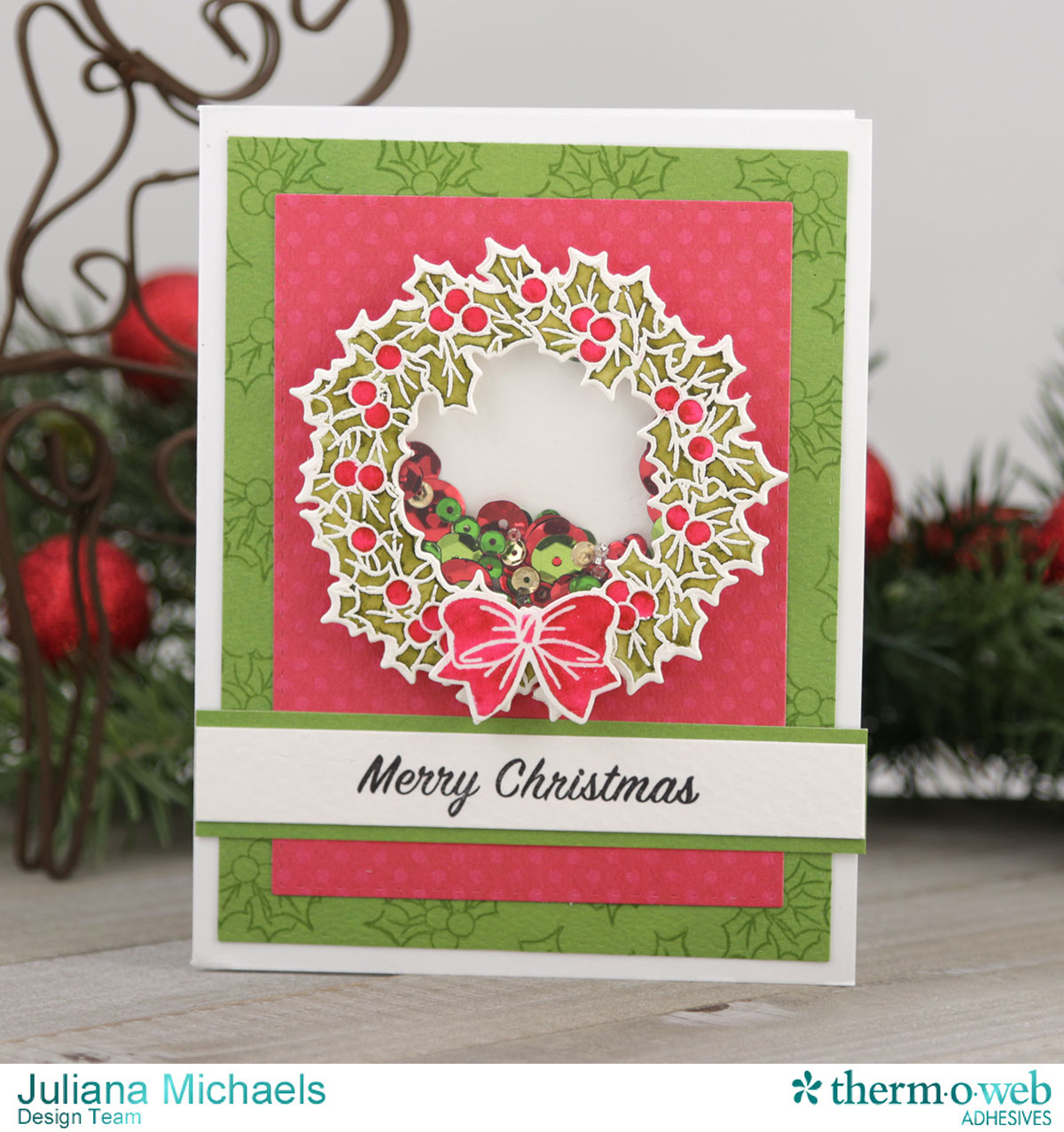 Wreath Christmas Shaker Card by Juliana Michaels featuring Therm O Web Adhesives and Art Impressions Stamps