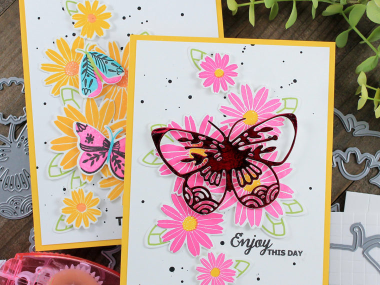 Add Shine and Dimension to Die Cuts with Therm O Web Adhesives and Deco Foil. Stamps and Dies by Waffle Flower Crafts. Card Design by Juliana Michaels.