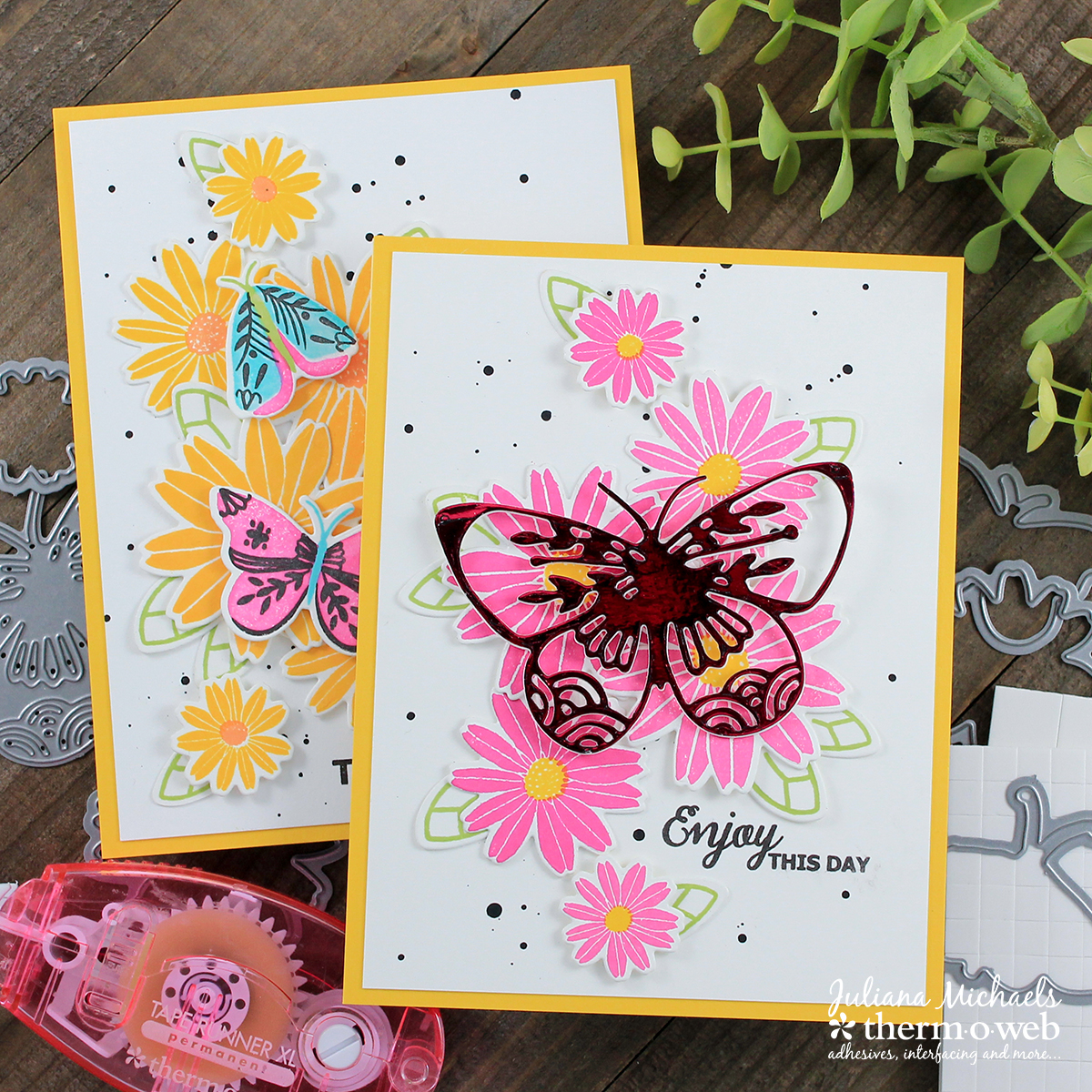 Die Cutting with Therm O Web Adhesives and Deco Foil. Stamps and Dies by Waffle Flower Crafts. Card Design by Juliana Michaels.