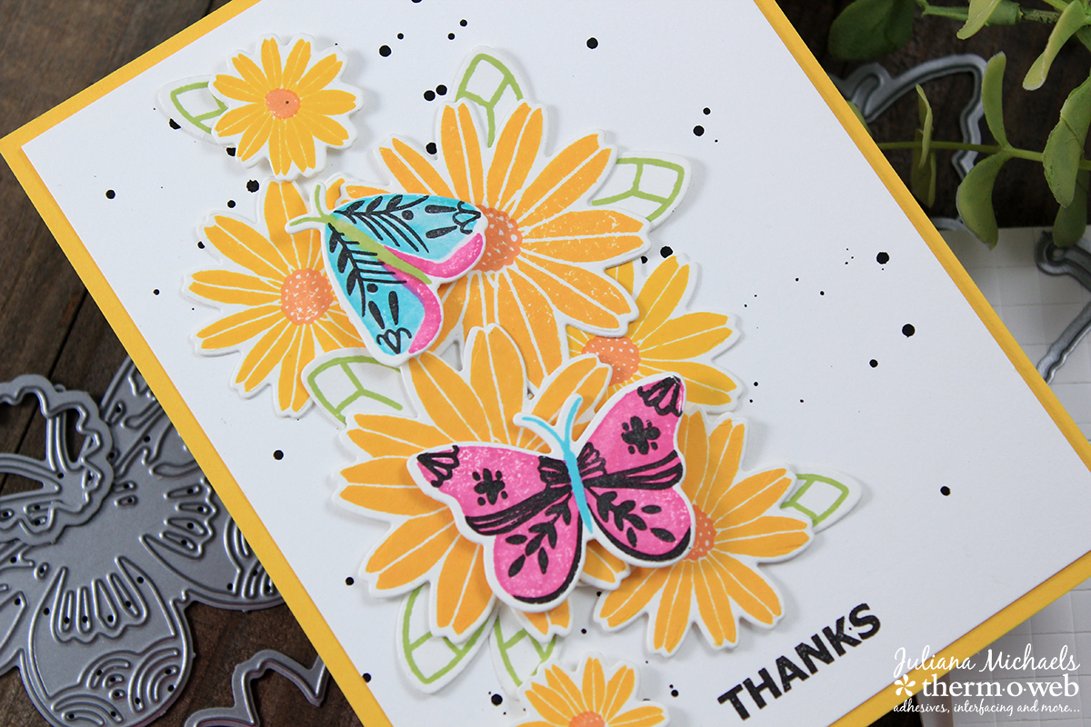 Thanks Card by Juliana Michaels featuring die cuts with Therm O Web Adhesives. Stamps and Dies by Waffle Flower Crafts.