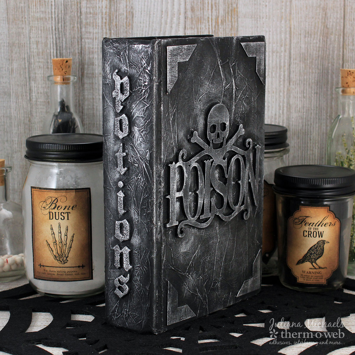Altered Halloween Potions Book by Juliana Michaels featuring Therm O Web Mixed Media Products and Adhesives
