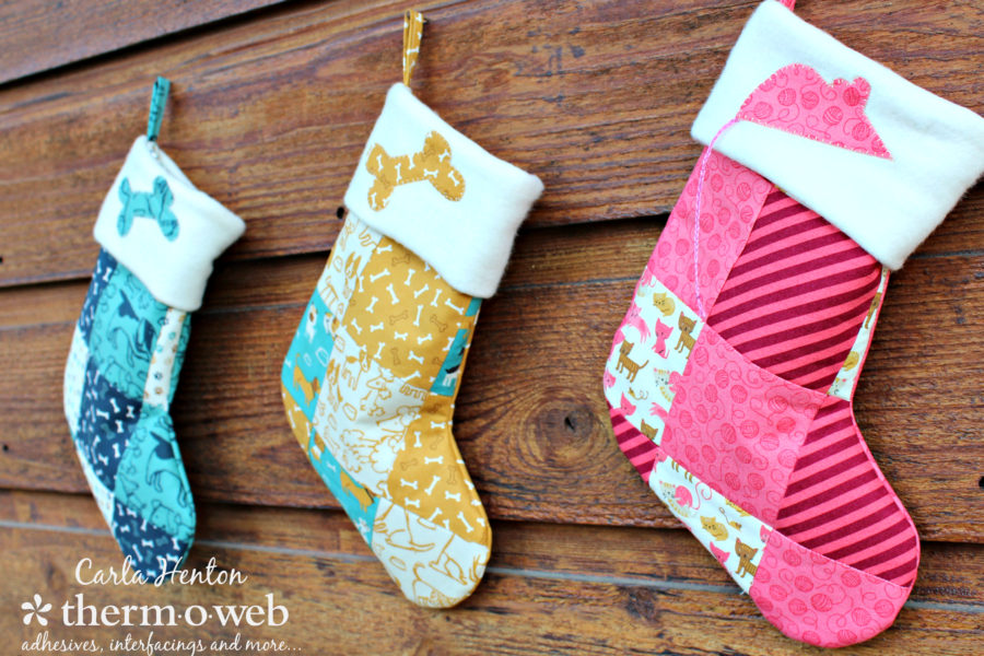 Dog and Kitty Patchwork stockings for pets with woof woof meow fabric and heatnbond fleece by Carla Henton