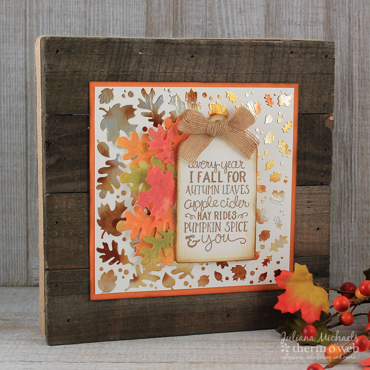 Fall Wood Plank Home Decor Piece by Juliana Michaels featuring Therm O Web Deco Foil, Mixed Media Art Paper and Adhesives