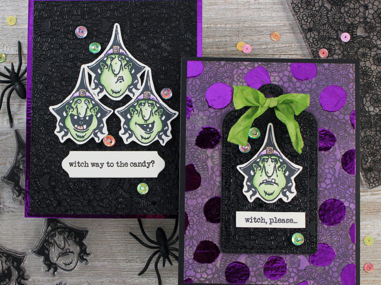 Deco Foiled Halloween Cards by Juliana Michaels featuring products from Brutus Monroe and Therm O Web Deco Foil, Mixed Media and Adhesives