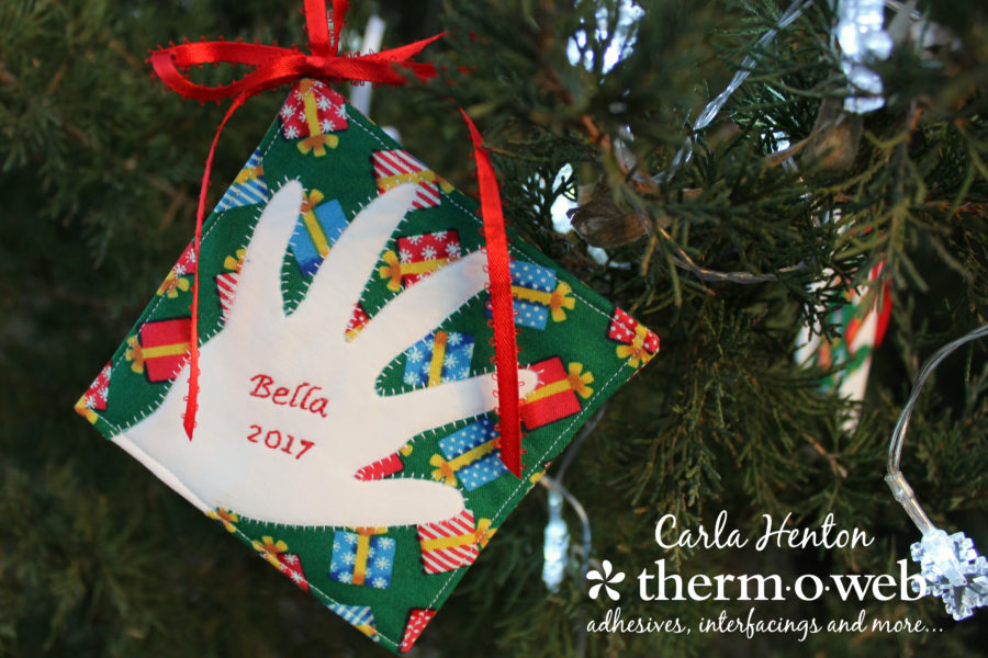 Handprint reverse appliques Christmas ornament for Thermoweb using Heatnbond Lite by Carla