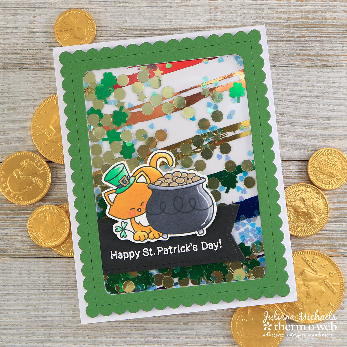 St. Patrick's Day Rainbow Shaker Card by Juliana Michaels featuring Therm O Web Deco Foil, Designer Transfer Sheets and Newton's Nook Designs Stamps