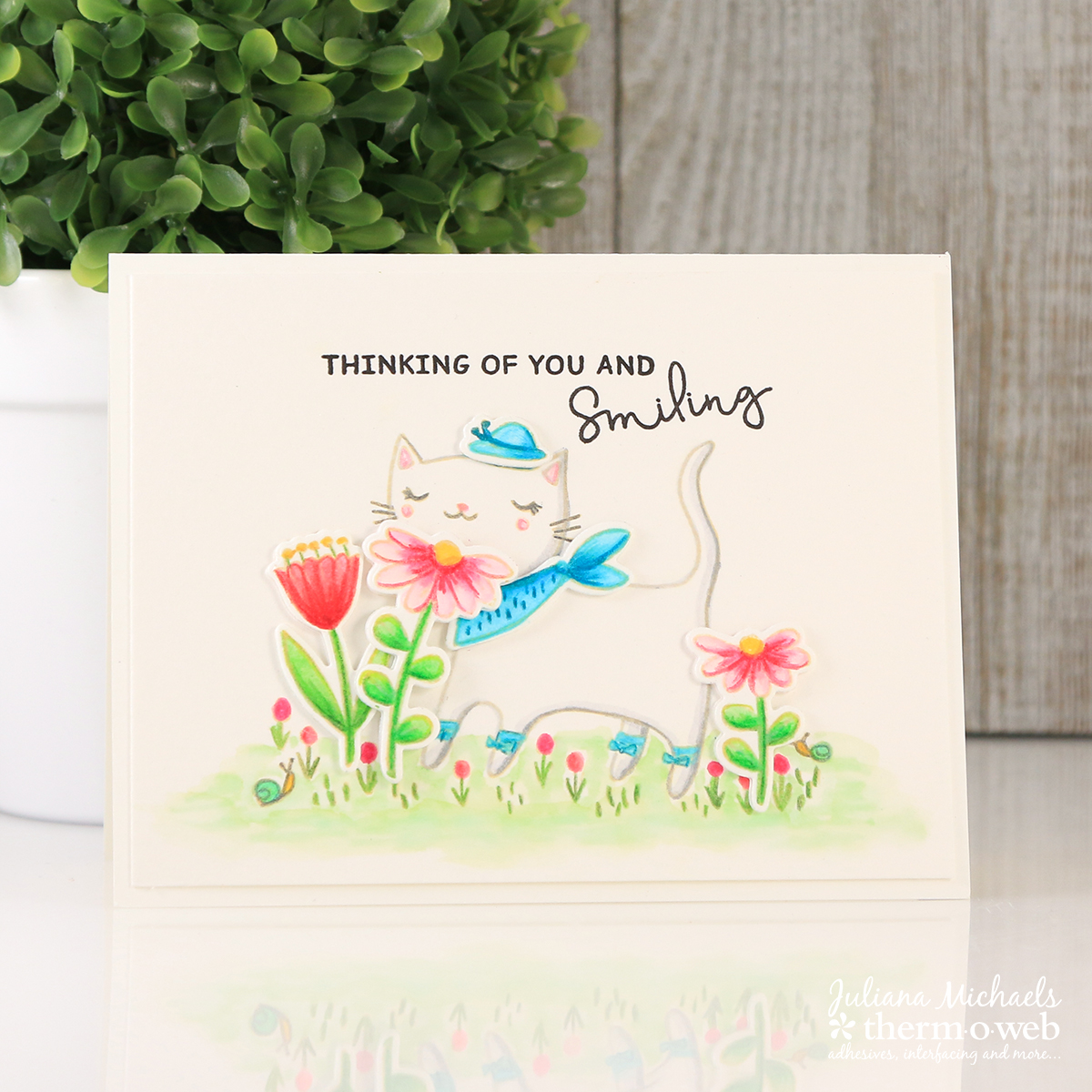 Thinking Of You Card with Waffleflower Stamps and Therm O Web Foam Adhesive