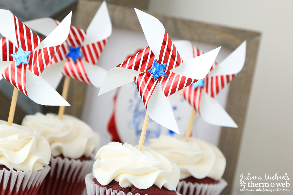 Fourth of July Foiled Cupcake Pinwheel Picks by Juliana Michaels featuring Therm O Web Gina K Designs Fancy Foils