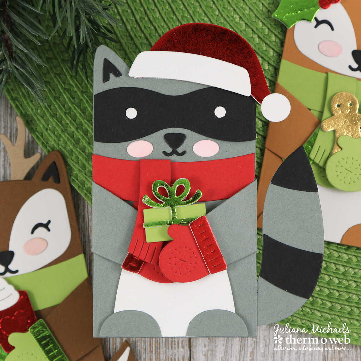 Raccoon Woodland Critters Huggers Holiday Gift Card Holder by Juliana Michaels featuring Lawn Fawn and Therm O Web DecoFoil