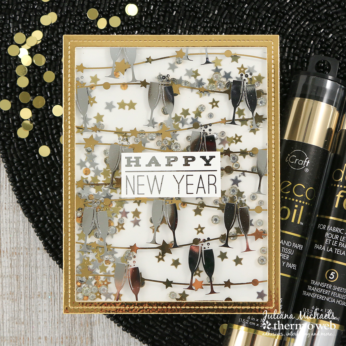 Happy New Year Shaker Card by Juliana Michaels featuring Therm O Web Adhesives, Deco Foil and Clear Toner Sheets