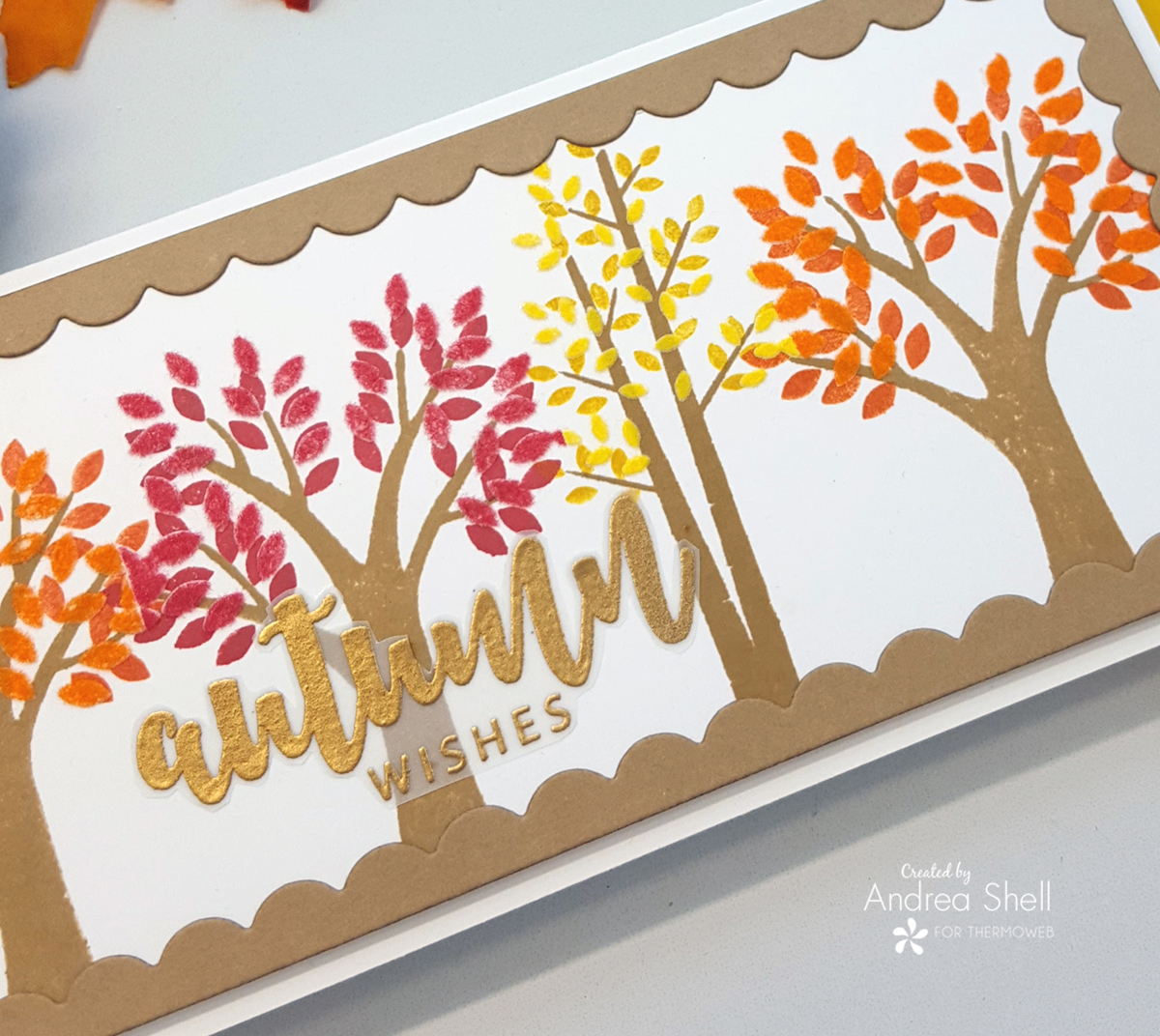Slimline fall cards by Andrea Shell | Autumn Wishes StampNStencil by Therm O Web
