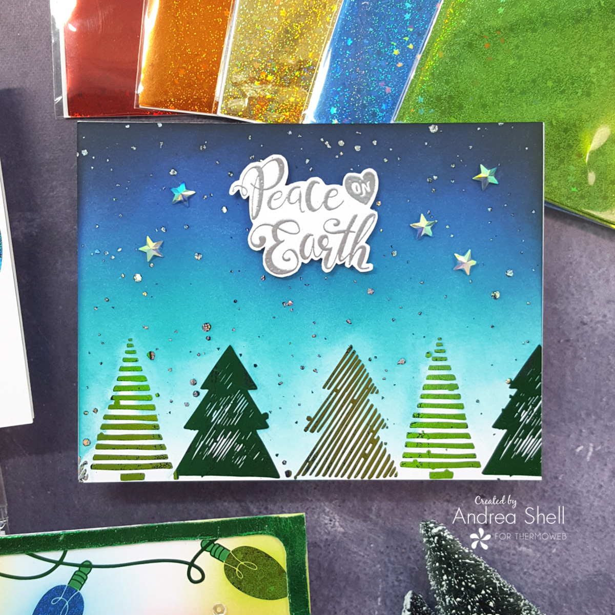 Peace on Earth foiled card by Andrea Shell | Flurry Forest Card Front by Therm O Web