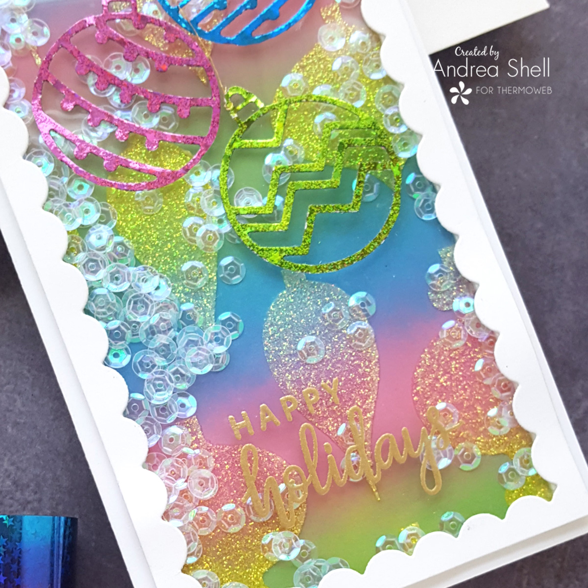 Rainbow Holiday Slimline Shaker card by Andrea Shell 