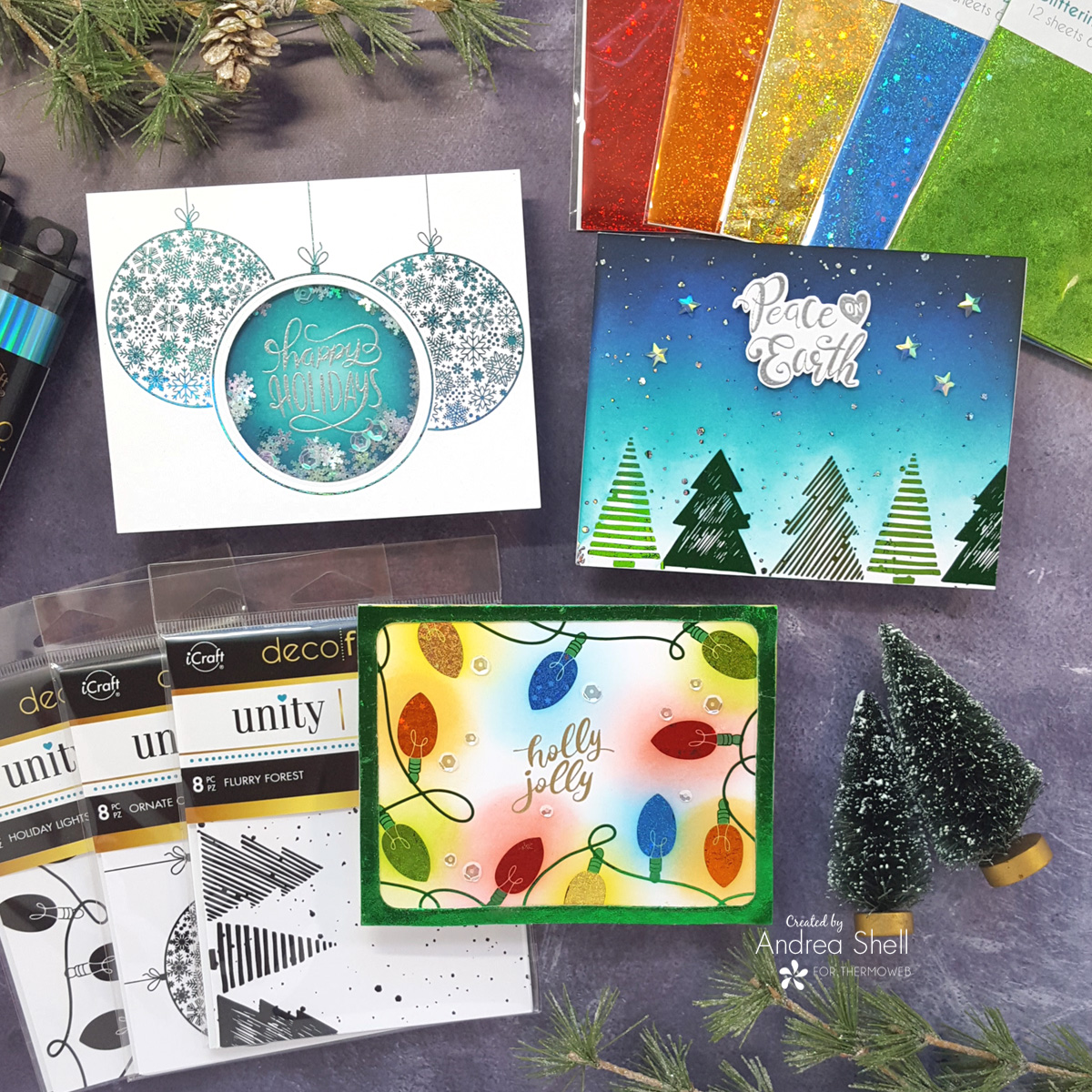 Trio of Foiled Christmas cards by Andrea Shell | Unity Toner Card Fronts by Therm O Web