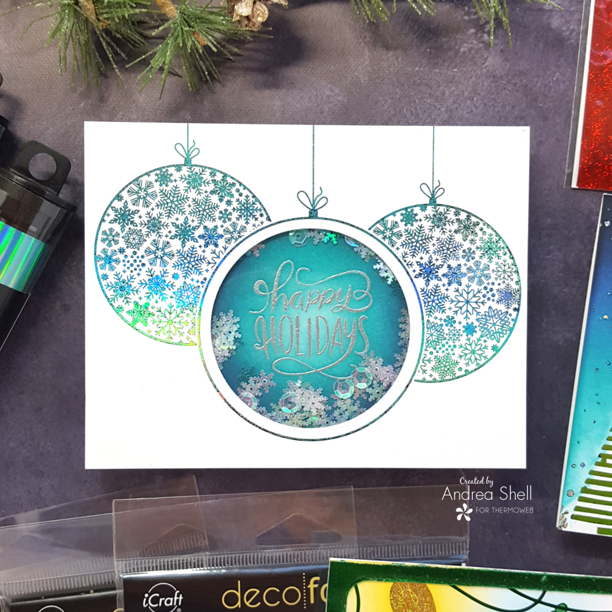 Happy Holiday Ornaments shaker card by Andrea Shell | Ornate Ornaments Card Front by Therm O Web